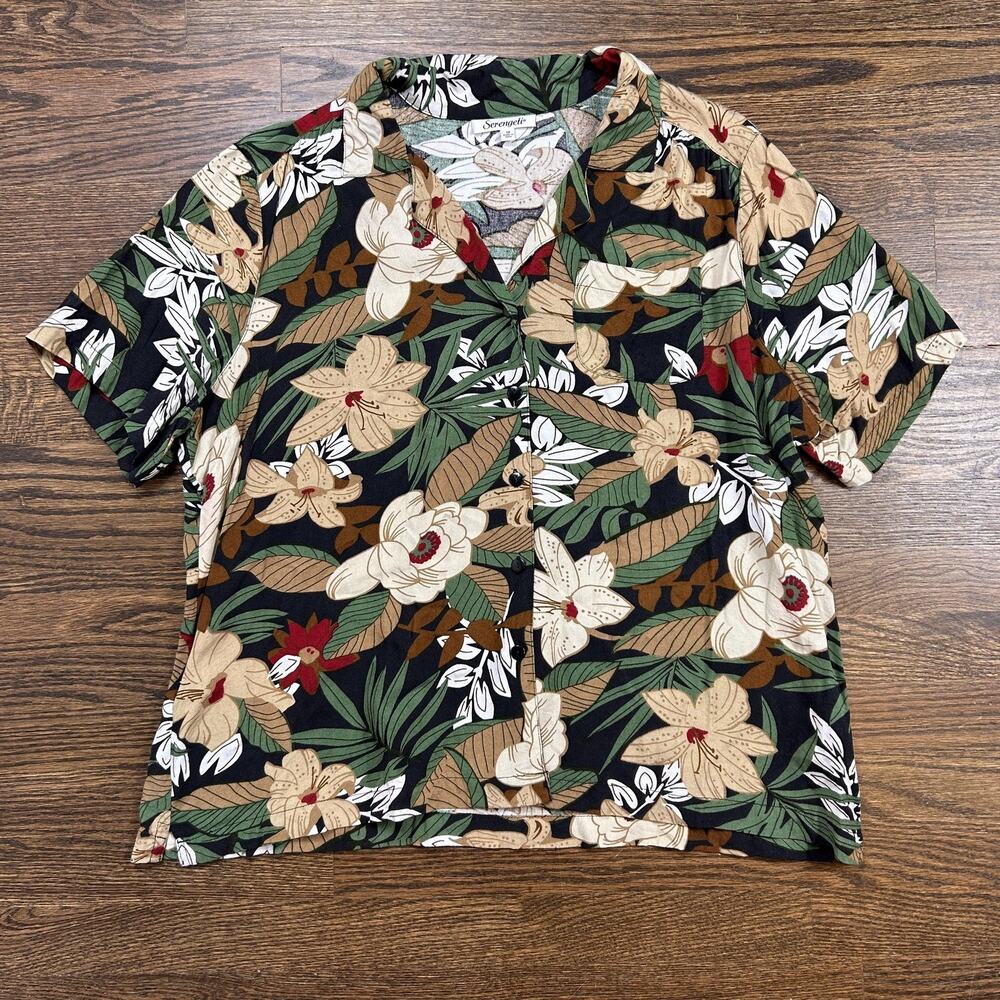 Serengeti Shirt Womens 1X Black Floral Hawaiian Short Sleeve Button Front Blouse